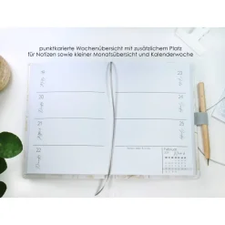 Wochenkalender & Terminplaner 2026 A5 Hardcover mit vielen Extras personalisiert botanisch mit Silberblatt in Beige