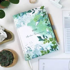 Wochenkalender & Terminplaner 2026 A5 mit vielen Extras personalisiert botanisch Pflanzen Blätter grün