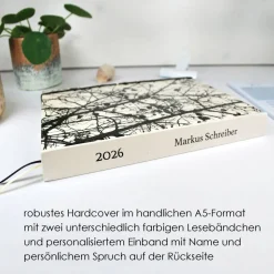Wochenkalender & Terminplaner 2025 A5 mit vielen Extras personalisiert mit Silhouette von Geäst in Schwarzweiss