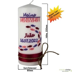 wunderschöne moderne Taufkerze mit Fischen, Satinband und Jutekordel in zartem Rosa und Violett für Mädchen