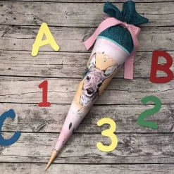 wunderschöne Schultüte Zuckertüte aus Stoff in Rosa / Mint mit tollem Reh -Motiv