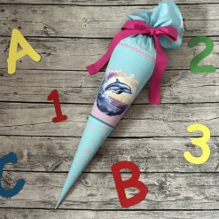 wunderschöne Schultüte Zuckertüte in türkis-rosa mit Meerestieren Delfine