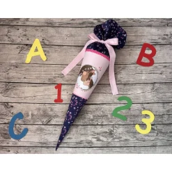 wunderschöne Schultüte Zuckertüte in Rosa & Blau mit Blumen und Pferden