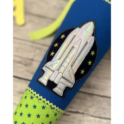 wundervolle Schultüte/Zuckertüte in Blau & Grün mit Raumschiff Rakete Holo-Effekt