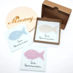 Wunscherfüller zur Kommunion  - Filzverpackung mit Fisch für Geld oder Gutschein - handgemacht mit Stickerei & Box