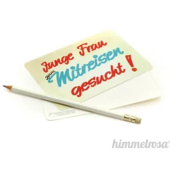 2x Postkarte und Aufkleber „Junge Frau oder Mann zum Mitreisen gesucht!“ -  Reisen, Hochzeit, Reisebüro, Verlobung