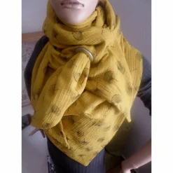 XXL Dreiecktuch  / Musselin Double Gauze / Senfgelb mit schwarzen Gingkoblüten / Schaltuch / Halstuch/ Wickelschal