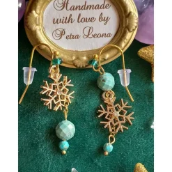 Zarte SCHNEEFLOCKEN-Ohrringe echter TÜRKIS Edelstein Geburtsstein DEZEMBER SKORPION, Winter Braut Kinder Schmuck goldf.