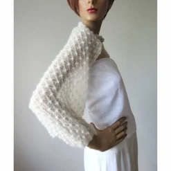 Zarter Braut Bolero ivory, Jäckchen Hochzeit, Schulterwärmer Shrug Mohair, Seelenwärmer mit Lace Muster, duftig leicht