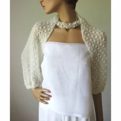 Zarter Braut Bolero ivory, Jäckchen Hochzeit, Schulterwärmer Shrug Mohair, Seelenwärmer mit Lace Muster, duftig leicht