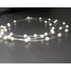 Zartes Braut-Schmuckset 3-teilig, echte schwebende Perlen, 3-reihige Kette, Armband, Ohrstecker Sterling Silber 925