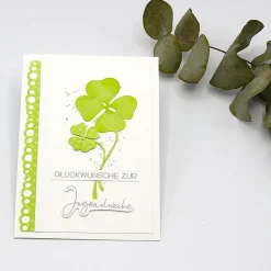 Zauberhafte Jugendweihekarte mit Glücksklee, Glückwunschkarte zur Jugendweihe