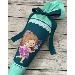 zauberhafte Schultüte / Zuckertüte 70cm aus Stoff mit Fee / Elfe und Pusteblumen Mint/petrol