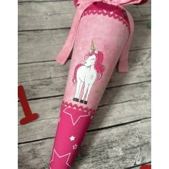 zauberhafte Schultüte / Zuckertüte in Pink mit Sternen mit Einhorn Motiv Herzen Glitzer
