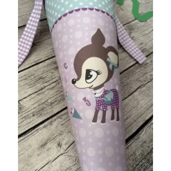 zauberhafte Schultüte aus Stoff Flieder, Lila & Türkis mit kleinem Reh