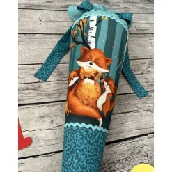 zauberhafte Schultüte aus Stoff mit Füchsen in Petrol/Türkis