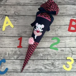 zauberhafte Schultüte in Dunkelblau Lachs-Pink mit Ballerina Maus Blume