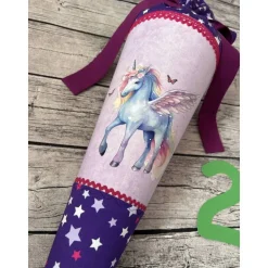 zauberhafte Schultüte Zuckertüte in Lila & Flieder mit Pegasus Einhorn & Sternen