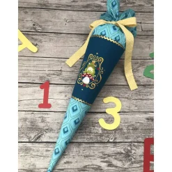 zauberhafte Schultüte Zuckertüte aus Stoff in Türkis & Petrol mit Frosch Prinz und Gold & Glitzer