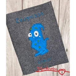 Zeugnis, Zeugnismappe, Zeugnishülle, Zeugnisse, gestickt, Filz, Monster, türkis, Junge, Mädchen, personalisierbar, mit N