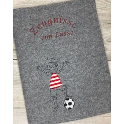 Zeugnis, Zeugnismappe, Zeugnishülle, Zeugnisse, gestickt, Filz, Fußball, Soccer, Junge, Mädchen, personalisierbar, mit N