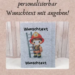 Zeugnismappe aus Filz | personalisierbar | Zeugnishülle Feuerwehrjunge grau | Organizer Schule