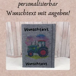 Zeugnismappe aus Filz | personalisierbar | Zeugnishülle Traktor grau | Organizer Schule