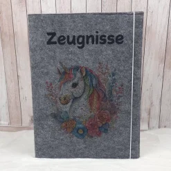 Zeugnismappe aus Filz | Zeugnishülle Einhorn dunkelgrau | Organizer Schule