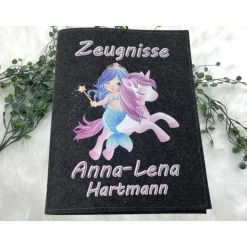 Zeugnismappe mit Namen aus Filz (A4) incl.zeugniss Hefter Einschulung Geschenk Zeugnis mappe personalisiert Einhorn Meer