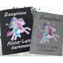 Zeugnismappe mit Namen aus Filz (A4) incl.zeugniss Hefter Einschulung Geschenk Zeugnis mappe personalisiert Einhorn Meer
