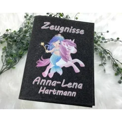 Zeugnismappe mit Namen aus Filz (A4) incl.zeugniss Hefter Einschulung Geschenk Zeugnis mappe personalisiert Einhorn Meer