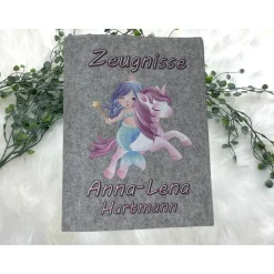 Zeugnismappe mit Namen aus Filz (A4) incl.zeugniss Hefter Einschulung Geschenk Zeugnis mappe personalisiert Einhorn Meer
