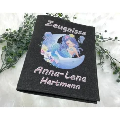 Zeugnismappe mit Namen aus Filz (A4) incl.zeugniss Hefter Einschulung Geschenk Zeugnis mappe personalisiert Meerjungfrau
