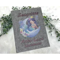 Zeugnismappe mit Namen aus Filz (A4) incl.zeugniss Hefter Einschulung Geschenk Zeugnis mappe personalisiert Meerjungfrau
