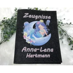 Zeugnismappe mit Namen aus Filz (A4) incl.zeugniss Hefter Einschulung Geschenk Zeugnis mappe personalisiert Meerjungfrau