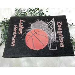 Zeugnismappe mit Namen aus Filz (A4) incl.zeugniss Hefter Geschenk Einschulung Zeugnis mappe personalisiert Basketball