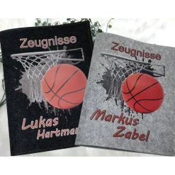 Zeugnismappe mit Namen aus Filz (A4) incl.zeugniss Hefter Geschenk Einschulung Zeugnis mappe personalisiert Basketball