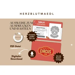 Zirkusparty Kindergeburtstag Mitgebsel - DIY Zirkus Ausweis Kinderausweis - Bastelvorlage als Download