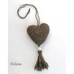 Zugbeutel, Geschenksäckchen, braun, glänzend mit Perlen und Quasten, Geschenkanhänger Herz, Handarbeit