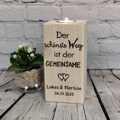 Zur Hochzeit Teelicht Holz Block Der schönste Weg ist der Gemeinsame mit Name und Datum