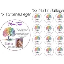 Zur Taufe Tortenaufleger aus Esspapier mit 12 Muffins Lebensbaum Tortendeko Photo Tortenbild Name Datum und Vers