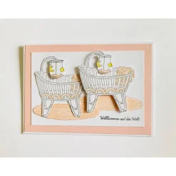 Zwillinge Glückwunschkarte Geburt Taufe Babyparty Karte Mädchen Babywiege Handarbeit A6